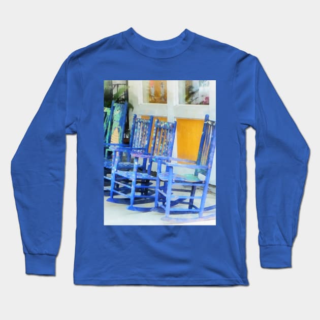 Row of Blue Rocking Chairs Long Sleeve T-Shirt by SusanSavad